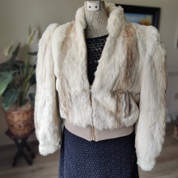 Jackets & Blazers - Vintage Off White Fur Bomber Jacket